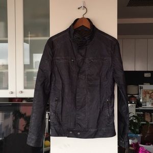 Vegan Leather Collarless Moto Jacket, Deep Navy